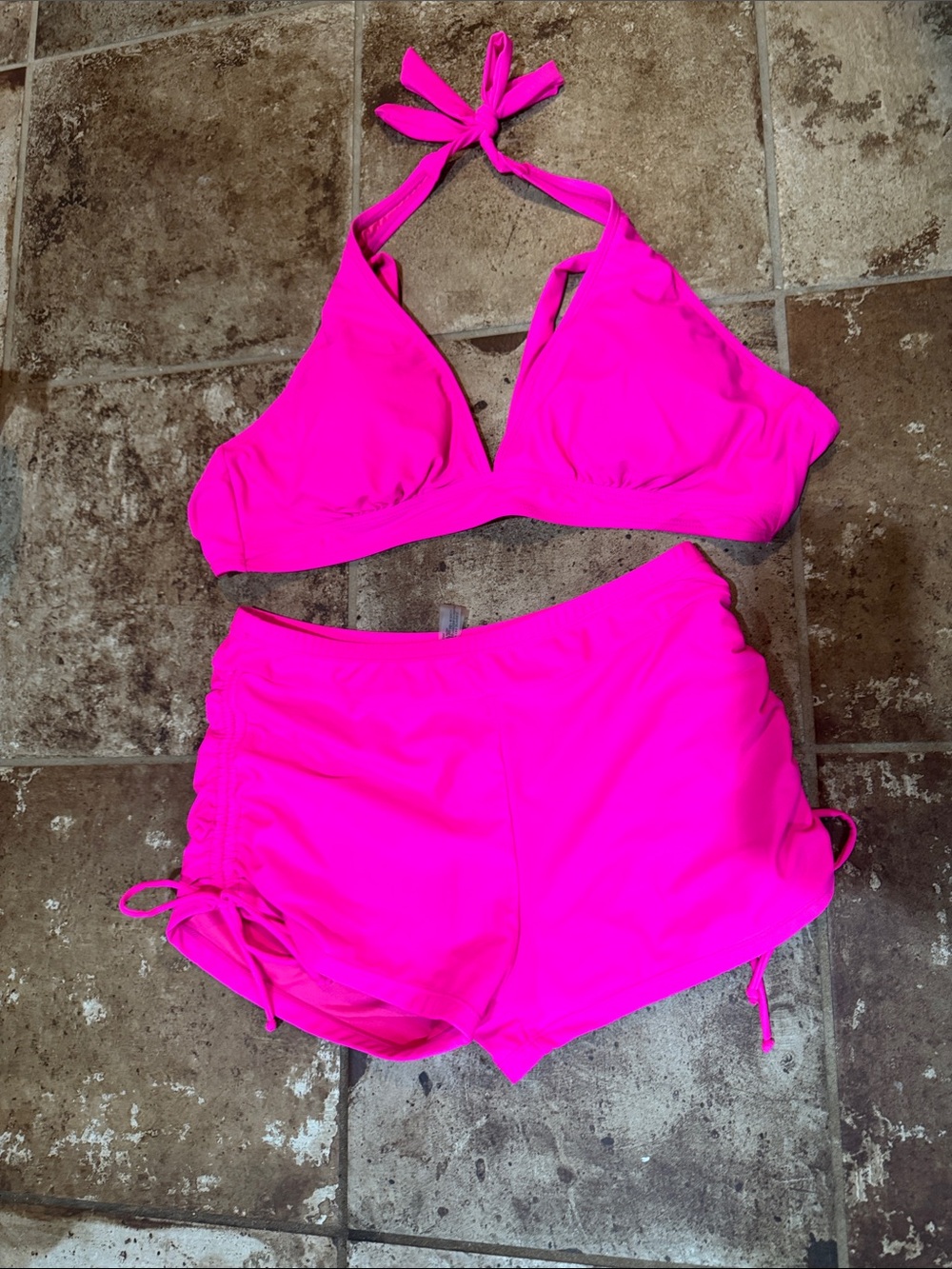 Bright Pink Women's Halter Bikini Top with Matching Swim Shorts